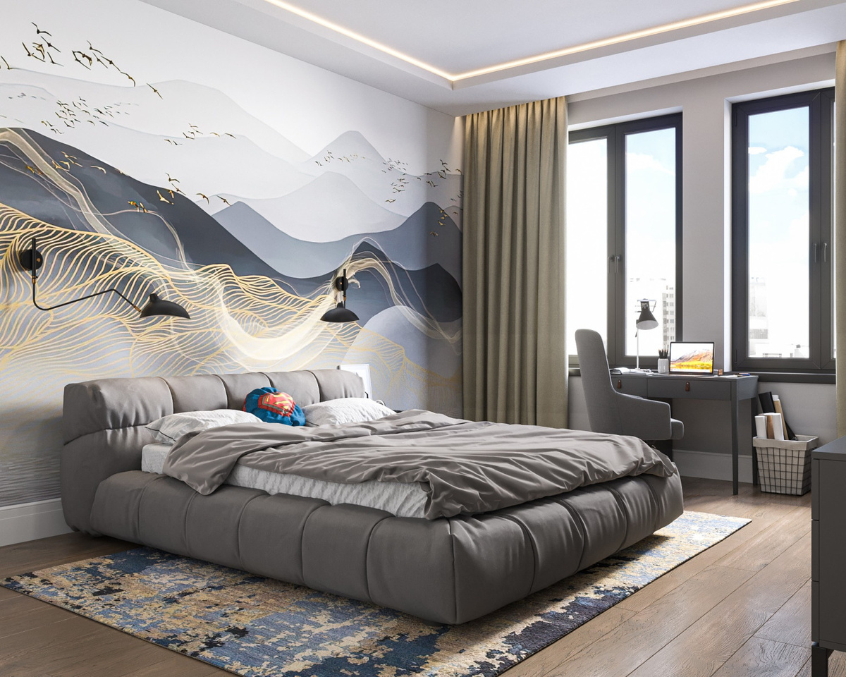 Флизелиновые фотообои с эффектным графичным рисунком. Интерьер квартиры на ул. Эльдара Рязанова, дизайнер Елена Нижегородова