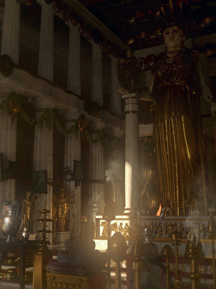     Фото: Juan de Lara/The Annual of the British School at Athens, 2025 Гипотетическая реконструкция интерьера Парфенона, обогащенная элементами, задокументированными в древних инвентарях