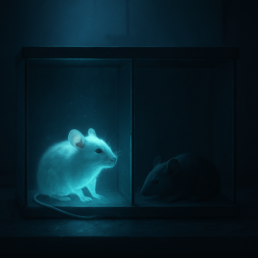В затемнённой лаборатории две стеклянные камеры: живая мышь сияет мягким бирюзовым свечением, тогда как рядом её неподвижный «двойник» погружён во мрак — наглядная метафора света жизни, гаснущего после смерти.