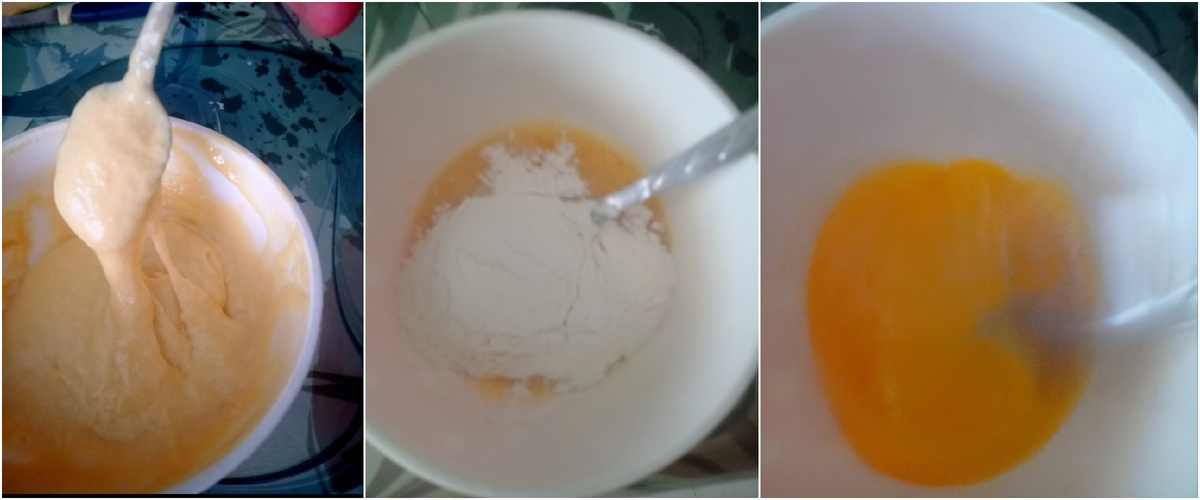 Тесто должно быть густое. Добавила в тесто немного растительного масла, чтобы тесто хорошо слазило с ложки.