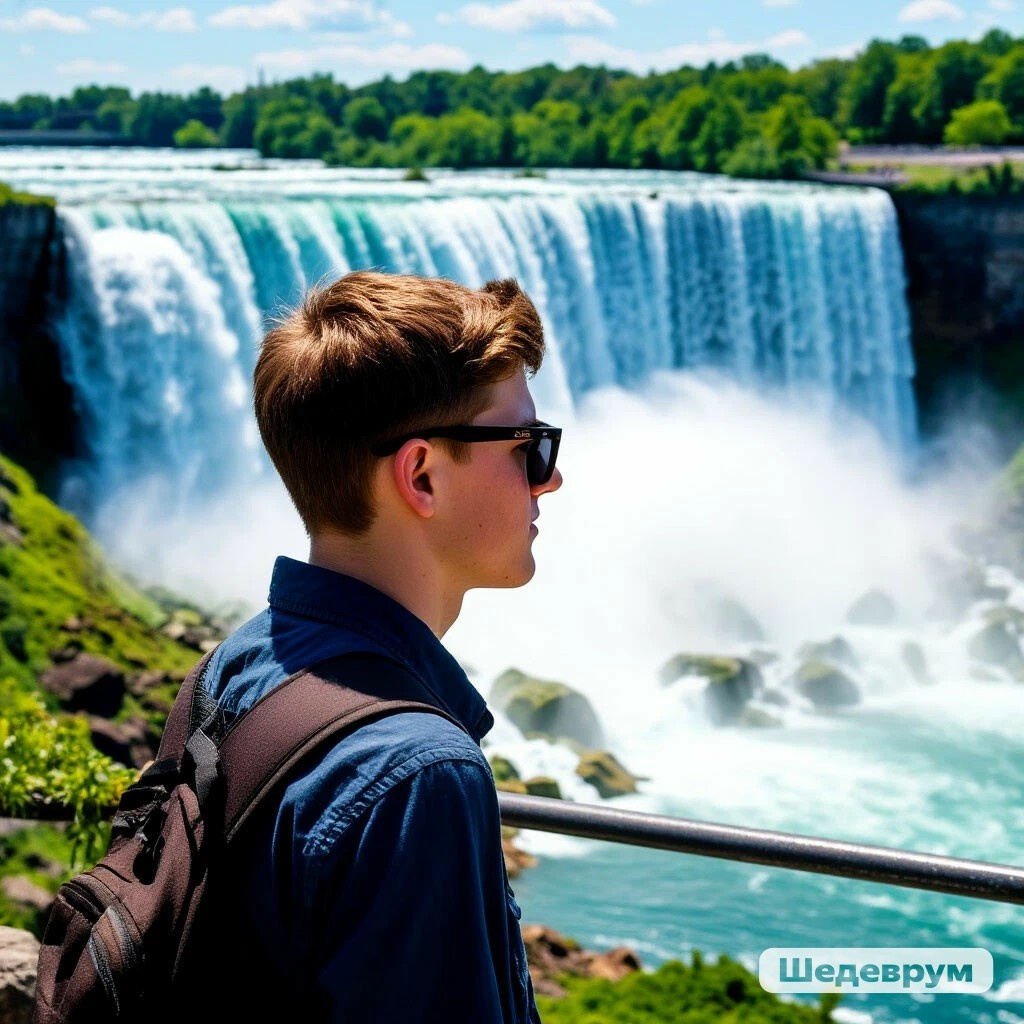 Обложка для статьи, Шедеврум. Молодой человек в солнцезащитных очках смотрит на Ниагарский водопад 
