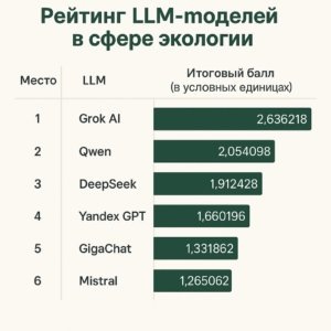    Изображение: рейтинг LLM-моделей в сфере экологии /составлено НИА «Экология» на основе исследования НИУ ВШЭ и Росприроднадзора