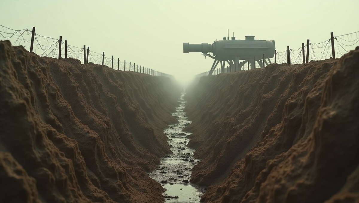 Изображение траншейного ландшафта, мутировавшего за годы войны, с появлением причудливых, усталых технологий. Грязь и сталь 1920-х