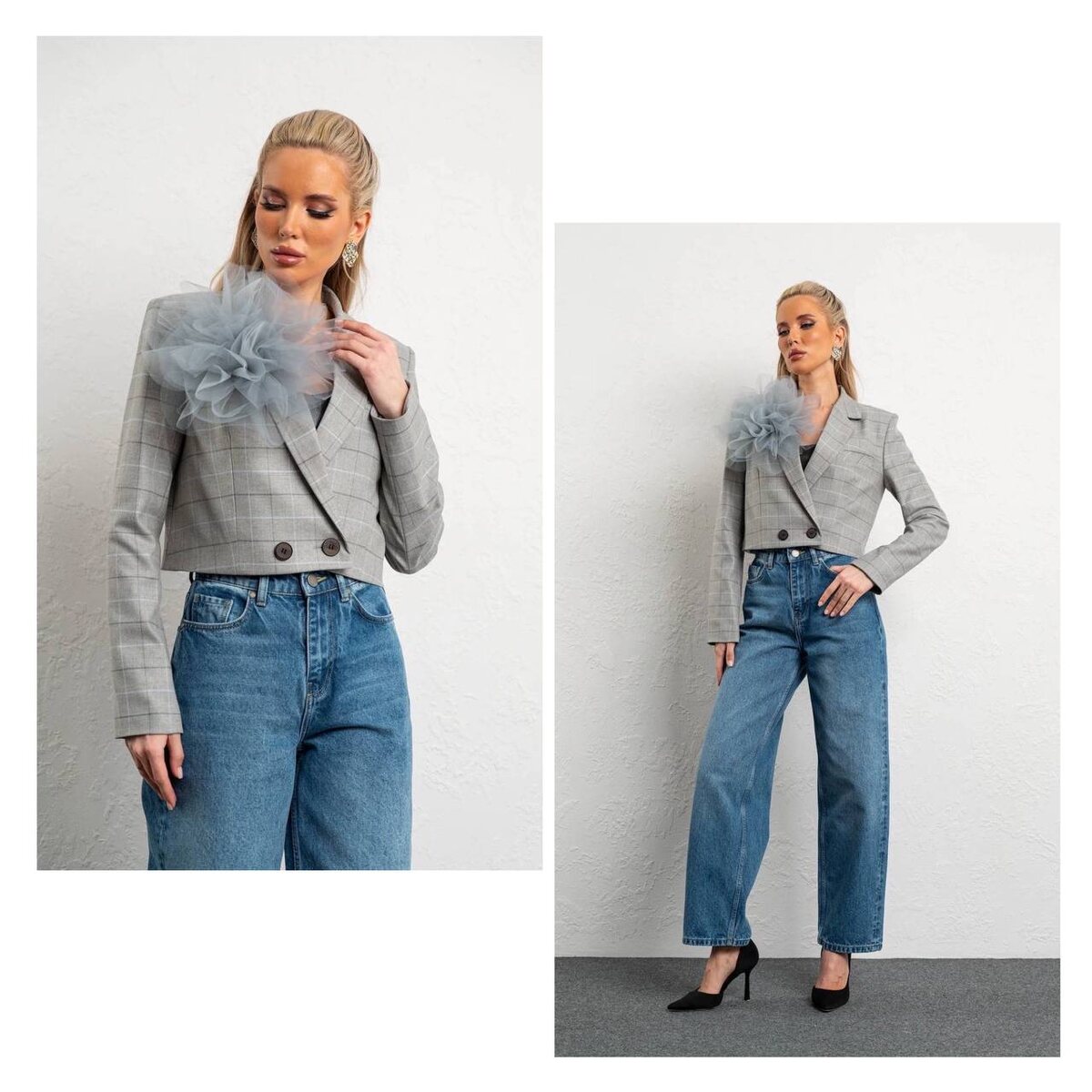 Почему укороченные жакеты — тренд?

- Игра с пропорциями.
Короткий крой визуально удлиняет ноги и делает силуэт легче.

- Современная альтернатива классике.
Он сохраняет строгость, но выглядит свежее, чем привычные длинные пиджаки.

- Универсальность.
Можно носить с джинсами, платьями, юбками и даже спортивными брюками.