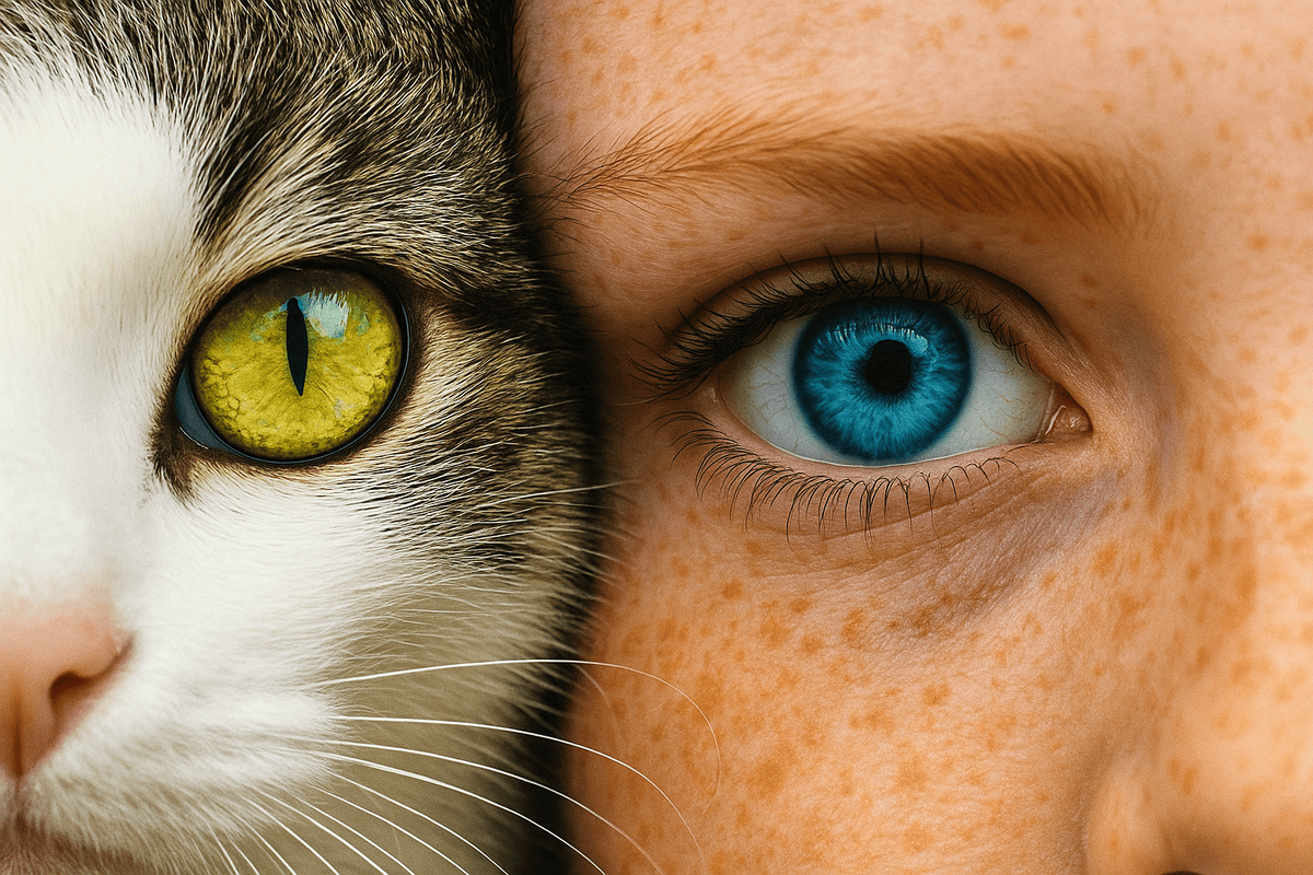    Ещё одна из особенностей зрения кошки — они видят мир в ограниченной цветовой палитре: способны распознавать синий и зелёный цвета, но красный и оранжевый для них остаются почти невидимыми.