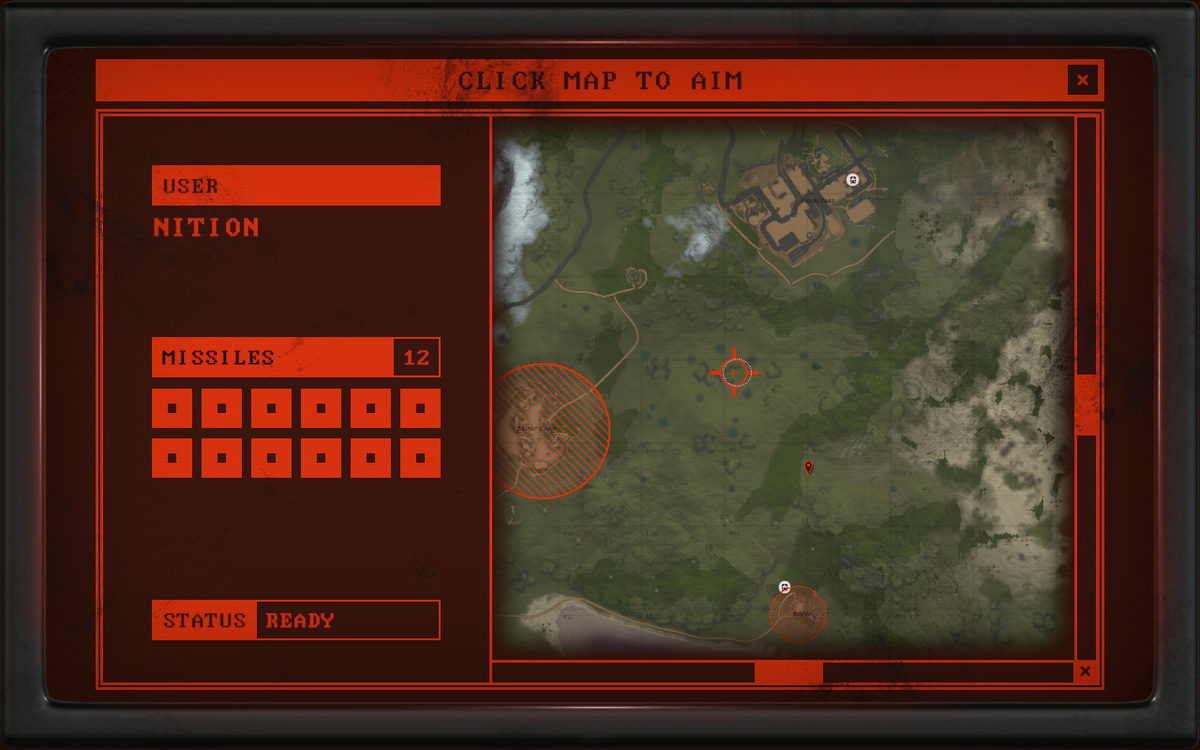 Далее, используя экран наведения выбираем нужною цель.                                                             Вы можете щелкнуть и перетащить, чтобы переместить карту, и щелкнуть, чтобы разместить цель. Если вы ранее установили маркер на основном виде карты, он будет отображаться здесь как красный маркер, что должно помочь при наведении на базы.

Красное перекрестие указывает, куда вы хотите прицелиться. Белый кружок указывает, где на самом деле попадет MLRS. Обычно они совпадают, но могут отличаться, если MLRS все еще перемещает свою цель в нужное положение или на пути есть препятствие. MLRS стреляет высоко в воздух, поэтому горы и т. Д. Обычно не будут проблемой, но белый кружок покажет вам, есть ли они.

Целевой круг показывает общую площадь, которая может быть повреждена атакой MLRS - не все ракеты попадут в одно и то же место, хотя есть смещение к центру круга. Никаких повреждений не будет нанесено за пределами области целевого круга.