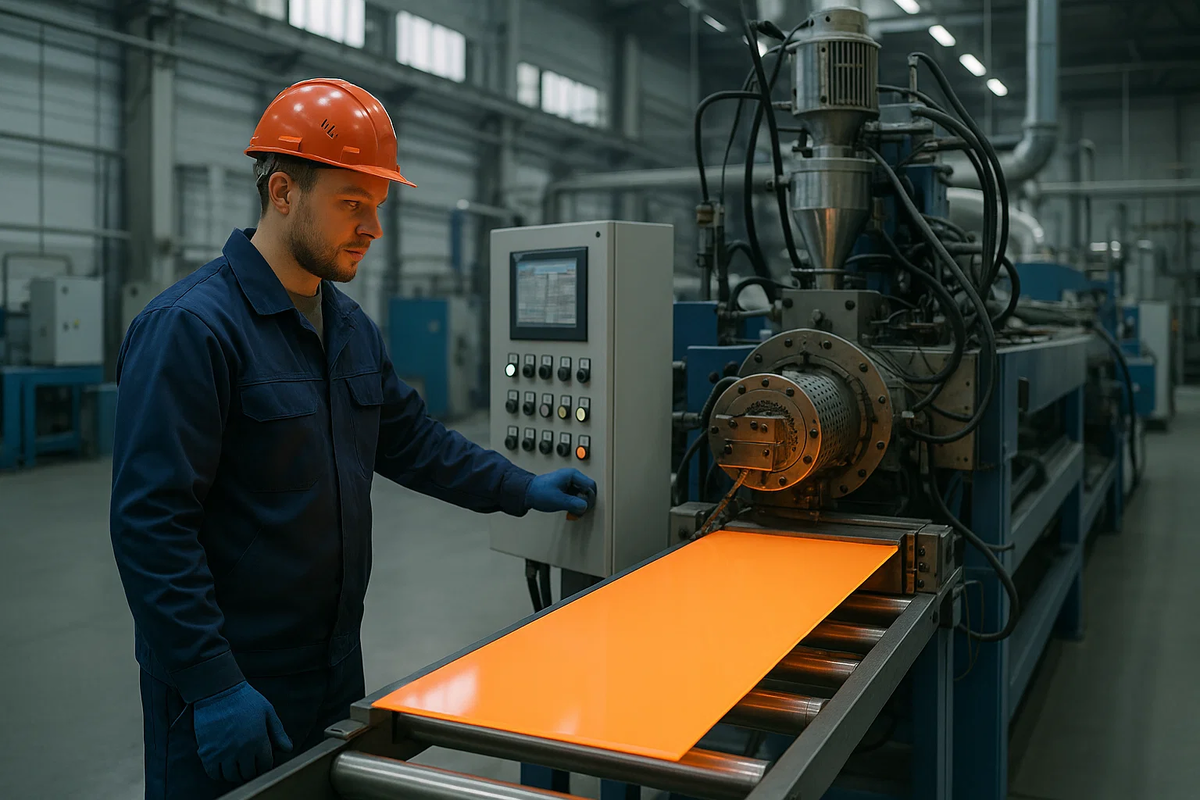 Мастер на заводе контроилрует процесс создания пластиковых листов