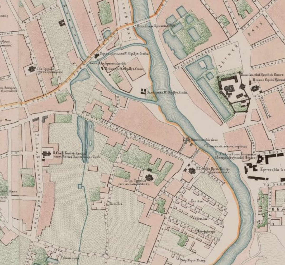 Северная часть Жукова ручья на карте Москвы 1859 года. Здесь хорошо виден пруд и место впадения в Водоотводный канал. С сайта www.retromap.ru.