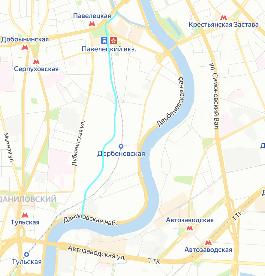 Очень схематичное изображение Жукова ручья на карте современной Москвы. Яндекс.Карты.