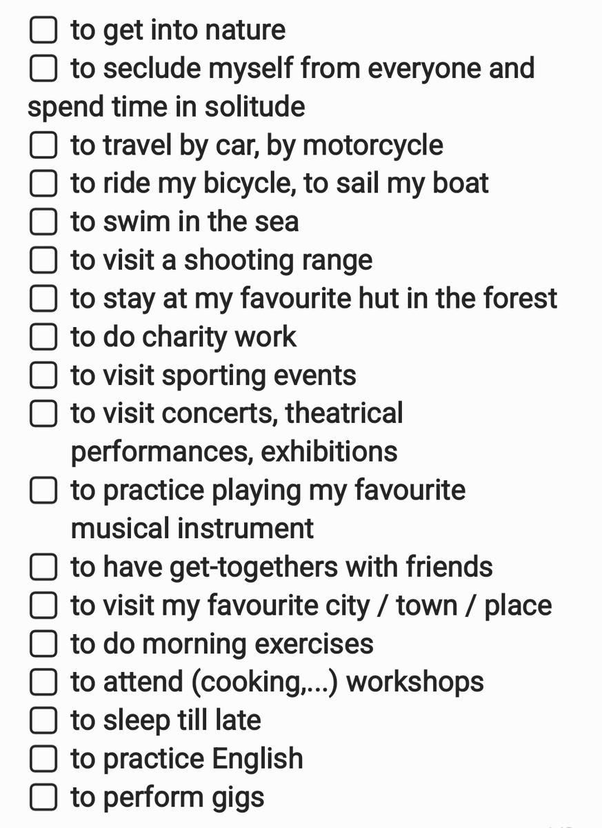 to seclude -изолироваться, уединиться от...; solitude - уединение; shooting range - стрельбище, стрелковый тир; hut - хижина; to do charity work - заниматься благотворительной работой; get-togethers - посиделки; to attend workshops - посещать мастер классы; to perform gigs - давать живые музыкальные выступления