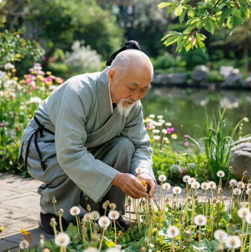 старый мастер Ли спокойно собирает одуванчики в своём живописном саду. 🌼️🍃