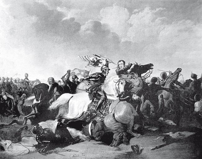 Абрахам Купер. Схватка короля Ричарда III и Генриха Тюдора в битве при Босворте. Репродукция из книги «Британские художники и война: лицо битвы в живописи и печати, 1700–1914» Питера Харрингтона. 1825