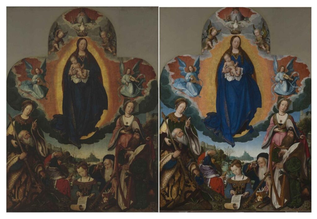 Ян Провост «Мадонна во Славе», Нидерланды, 1524. Картина до реставрации — слева, после реставрации — справа © Государственный Эрмитаж