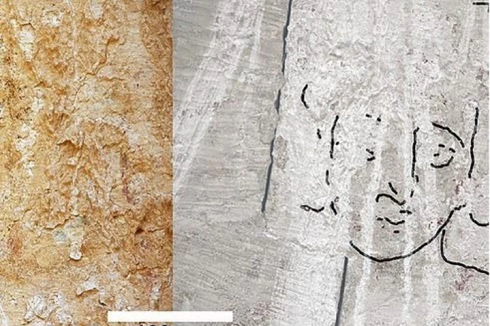 Слева стена с ликом Иисуса, справа археологи его обозначили - ведь чтобы разглядеть изображение необходима специальная техника.