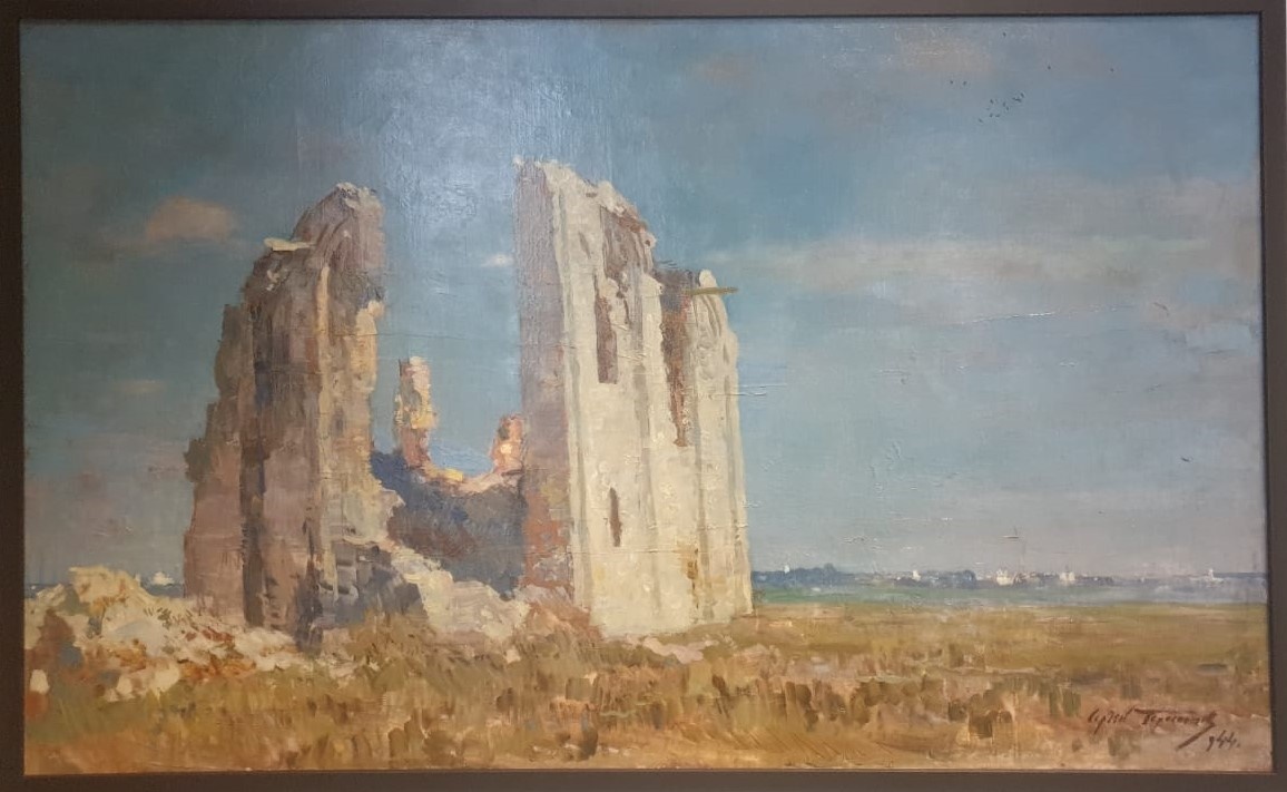 Церковь Спаса Преображения на Нередице. Вид руин. Рисунок С.Герасимова. 1944 бумага, акварель