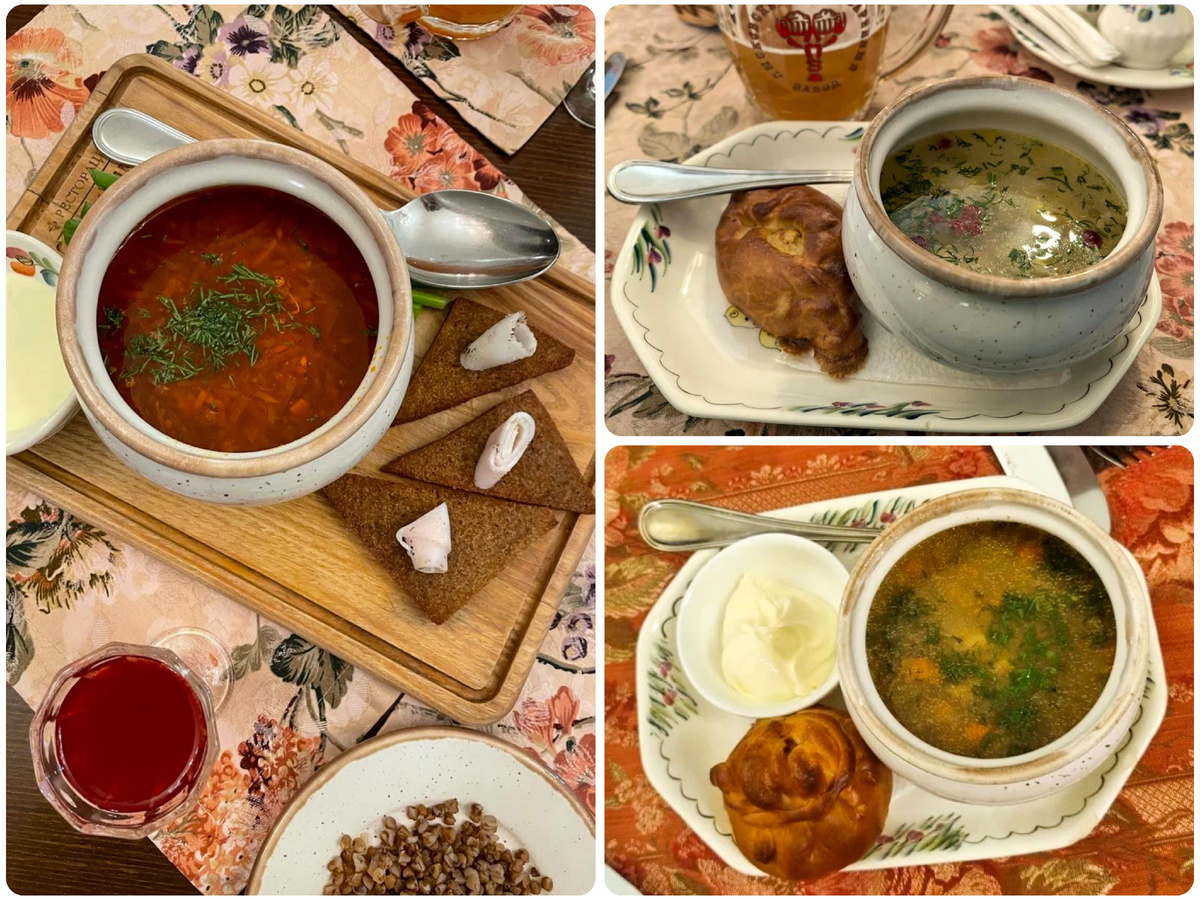 Борщ; уха волжская; суп с боровиками и опятами