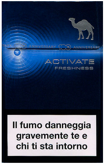 "Camel" Activate с принтом на целлофане "100-летие Италии". 2013 год, 20 штук с фильтром в боксе, обернутом целлофаном. Смола 8 мг, никотин 0,6 мг. Производитель: JT International. Владелец торговой марки: JT International.