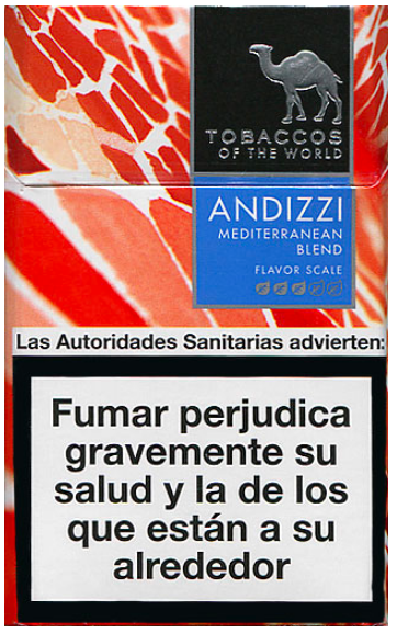 "Camel" Andizzi. Лимитированная серия "Табаки мира",  1 вариант из 3 в серии. Испания, 2013 год. 20 штук с фильтром в боксе и в целлофане. Содержание смолы 10 мг, никотина 0,9 мг. Производитель: JT International. Владелец торговой марки: JT International.