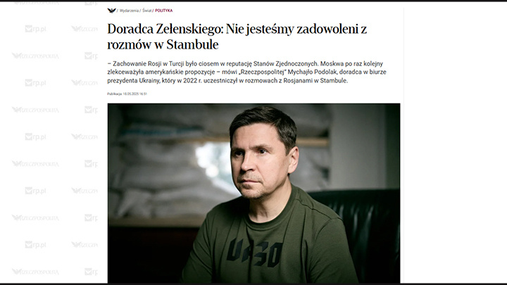    Украина недовольна озвученными в Стамбуле предложениями России и не согласится на них - Михаил Подоляк не сообщил ничего нового. Скриншот: интернет-сайт rp.pl