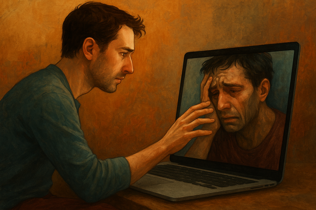 Мужчина тянется рукой к экрану ноутбука, где его отражение страдает от боли. Контакт с собственным цифровым образом превращается в акт внутреннего признания. Этот кадр визуально раскрывает центральную тему статьи — диалог с собой через нейросеть.