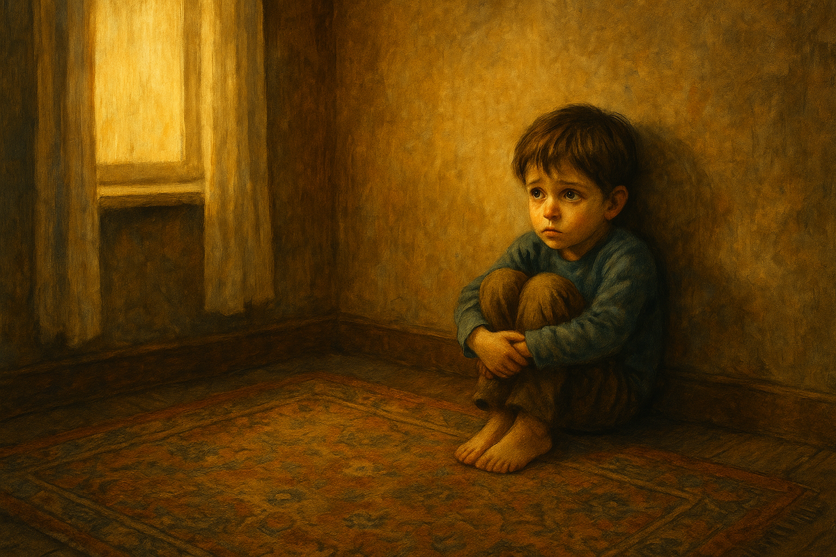 Одинокий мальчик в углу комнаты, наполненной теплым, но тревожным светом. Ветер шевелит занавески, но воздух в кадре будто застыл. Это визуализация раннего переживания — тревоги, которую мы не называли словами, но помним телом.