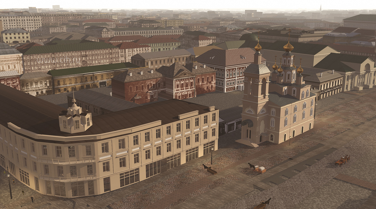 3D реконструкция Москвы нач XX в., с видом на ансамбль со стороны Охотного ряда