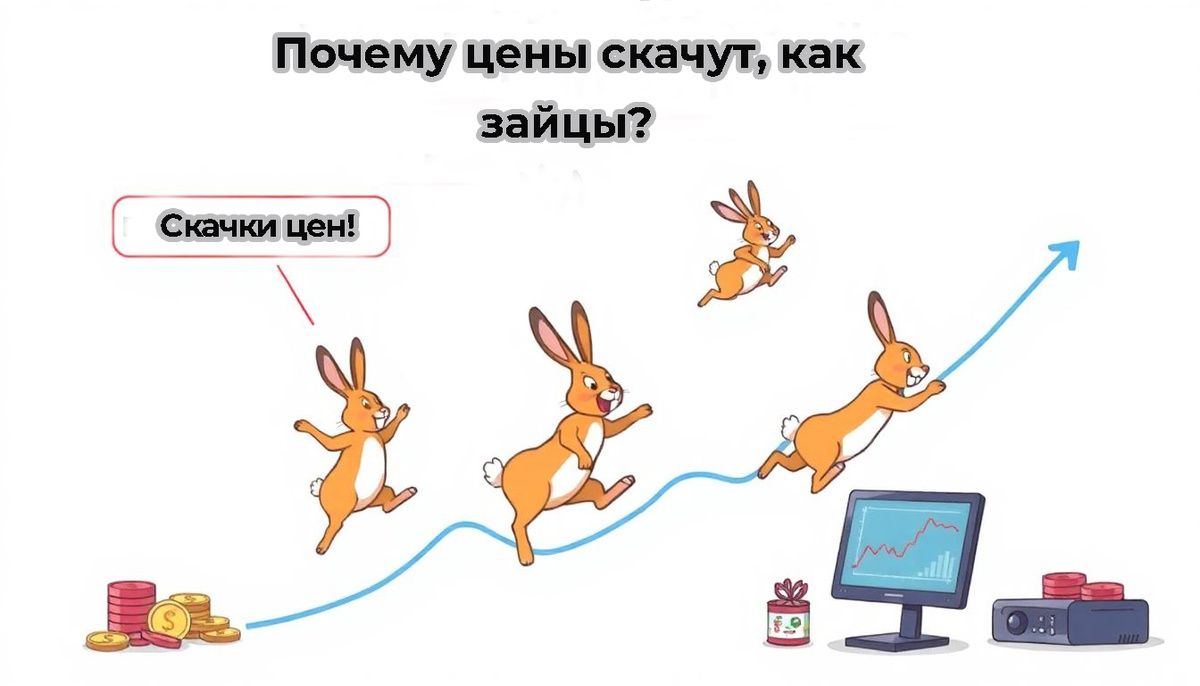 Стилизованная картинка. Синяя линия — это цены, которые скачут, как зайцы на вечеринке. Зайцы и метка «Скачки цен! 📈» показывают, как рынок любит устраивать движуху. Это твой намёк: следи за новостями и лови профит!