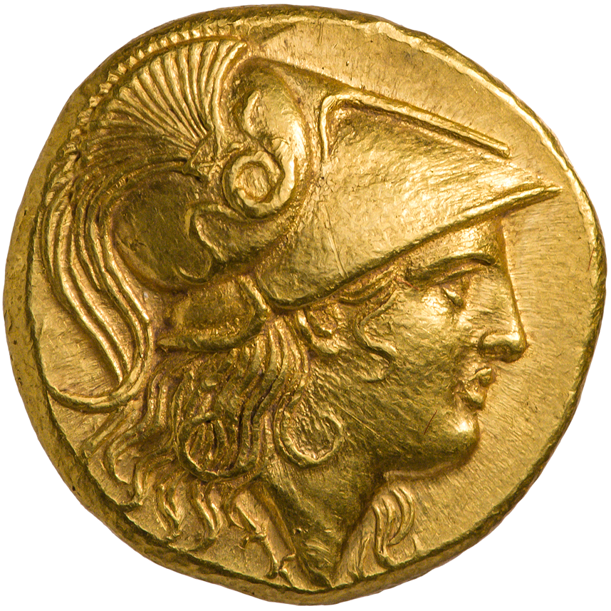 Македонское царство. Милет. Александр III Великий (336—323 гг. до н.э.). Статер. Чеканка при Филоксене (325—323 гг. до н.э.). Аверс. Голова Афины Паллады в аттическом шлеме, украшенном змеёй, вправо.