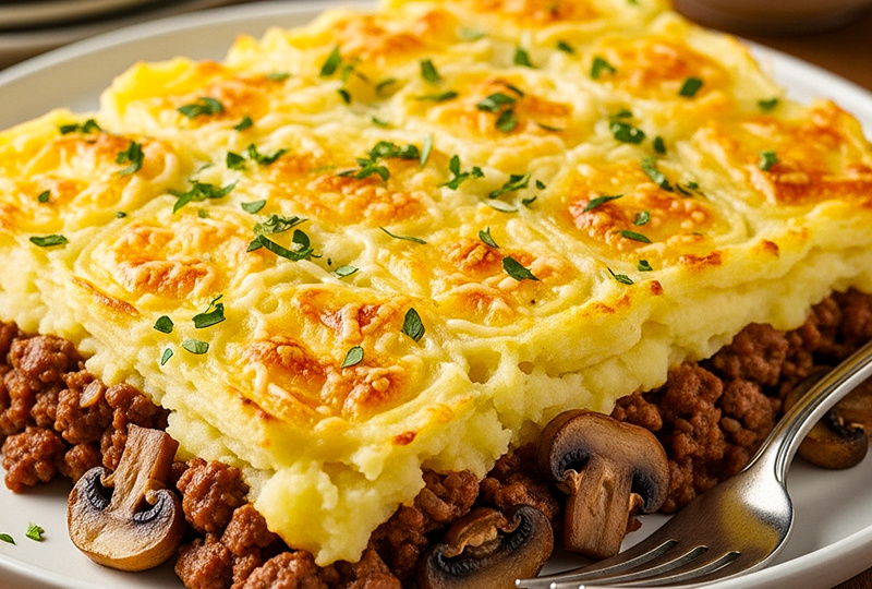 Ароматная запеканка с фаршем, грибами и картофельным пюре