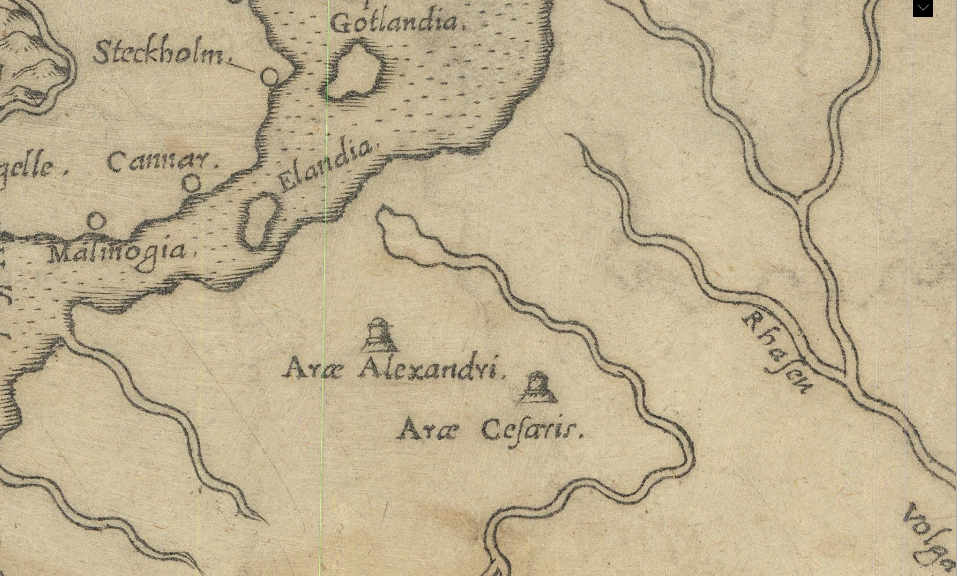 Arae Alexandri (алтарь Александра Македонского) на карте Girolamo Ruscelli "Schonladia Nuova" Venice / 1574.