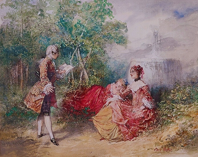 Эмиль Ватье, «Галантная сцена у фонтана», бумага, акварель, белила, карандаш