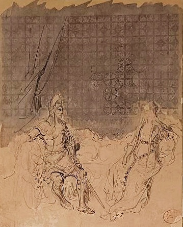 Гюстав Доре, «Сцена из рыцарских времен», около 1867(?), картон, графитный карандаш, перо черным тоном, акварель, белила