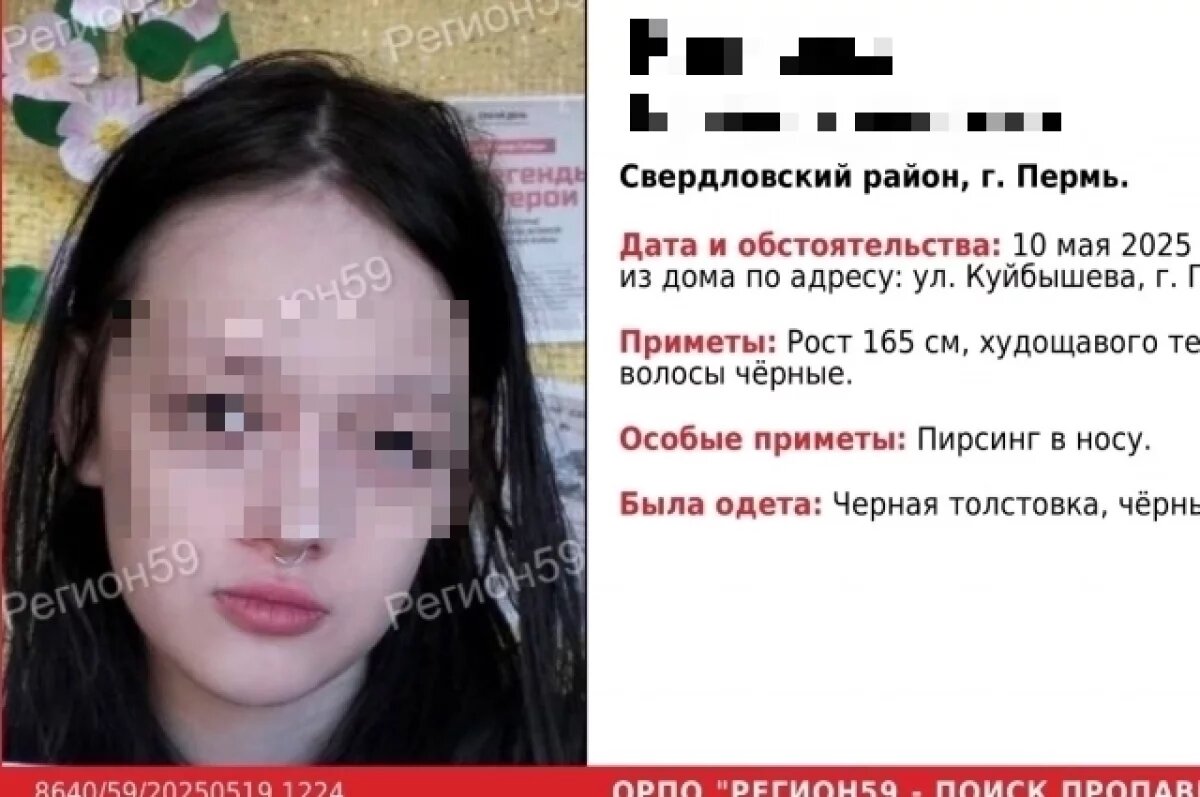   Остановлен поиск 13-летней девочки с пирсингом, пропавшей в Перми