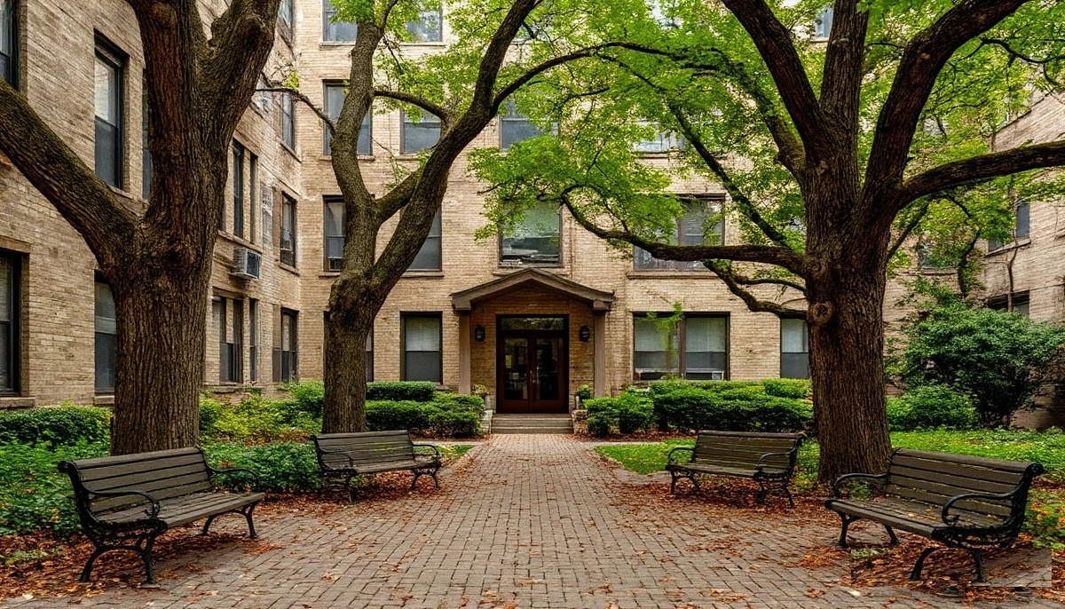 Многоквартирные дома, старые деревья во дворе, скамейки у подъездов