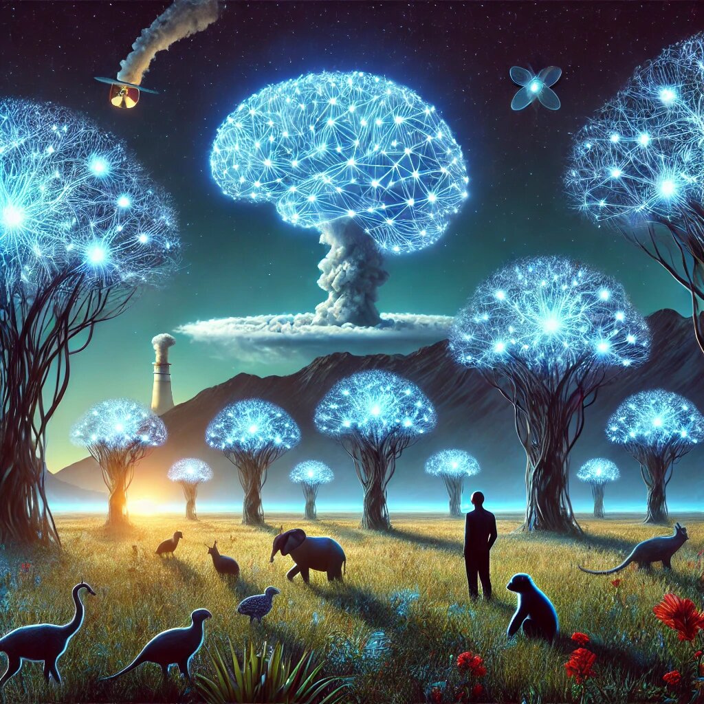 На фоне новозеландского пейзажа искусственные и натуральные формы интеллекта сосуществуют — светящиеся нейродеревья, животные-силуэты и трансформирующееся облако в форме цифрового мозга. Сцена передаёт философскую глубину и многослойность темы: ИИ как новая сила, подобная ядерной эпохе, и одновременно — часть более широкой экосистемы разума