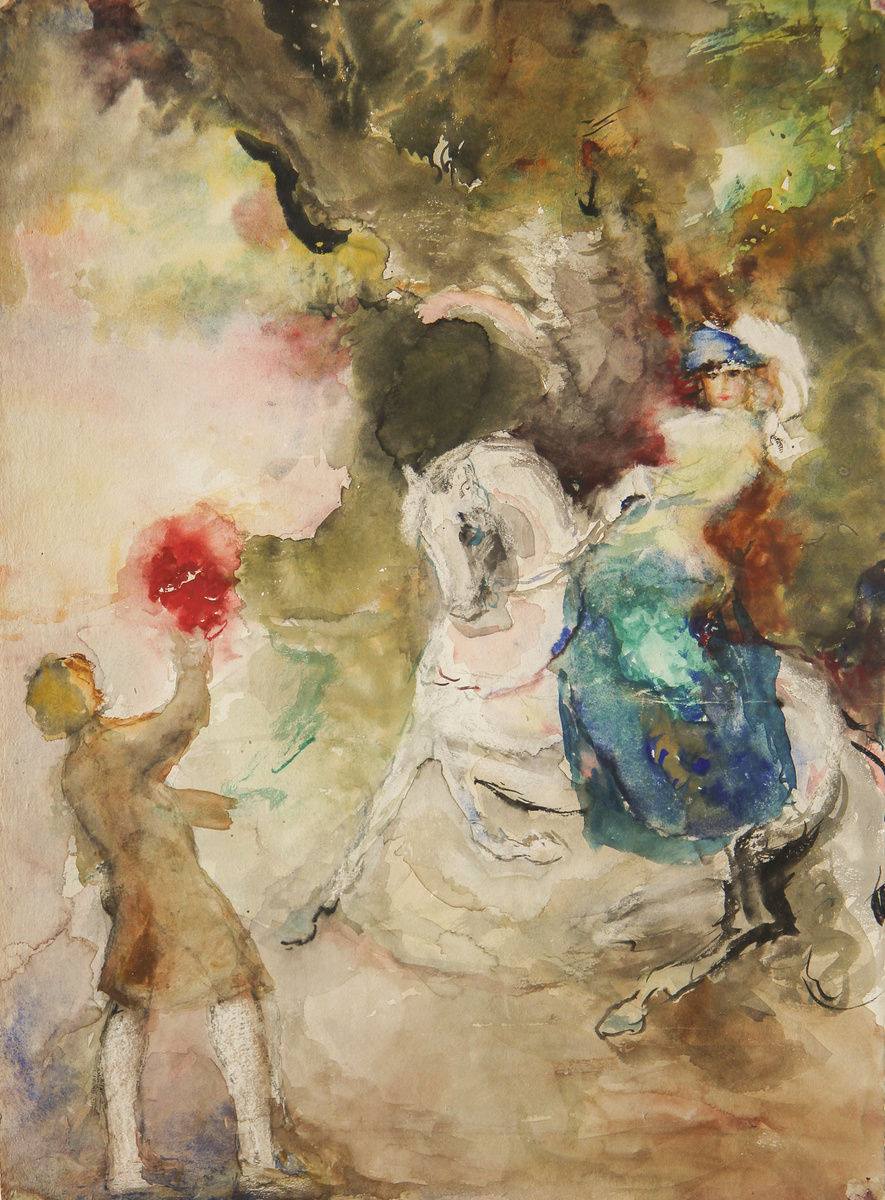 Фонвизин. А. В. Иллюстрация к повести Й. фон Эйхендорфа «Из жизни одного бездельника» для книги «Немецкая романтическая повесть». Издательство «Academia», Москва, Ленинград, 1935 г.
Бумага, акварель; 44х32 см. Частное собрание.
