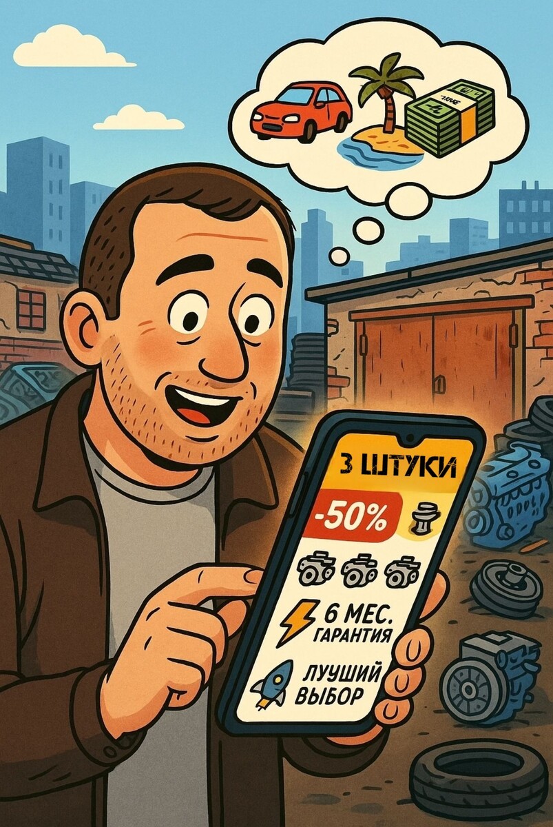 Человек смотрит на объявление на телефоне, там 3 двигателя на выбор — дешево, гарантия 6 месяцев. Улыбается, рад. 
📍Смысл: “Обещают много за копейки, слишком хорошо, чтобы быть правдой.”