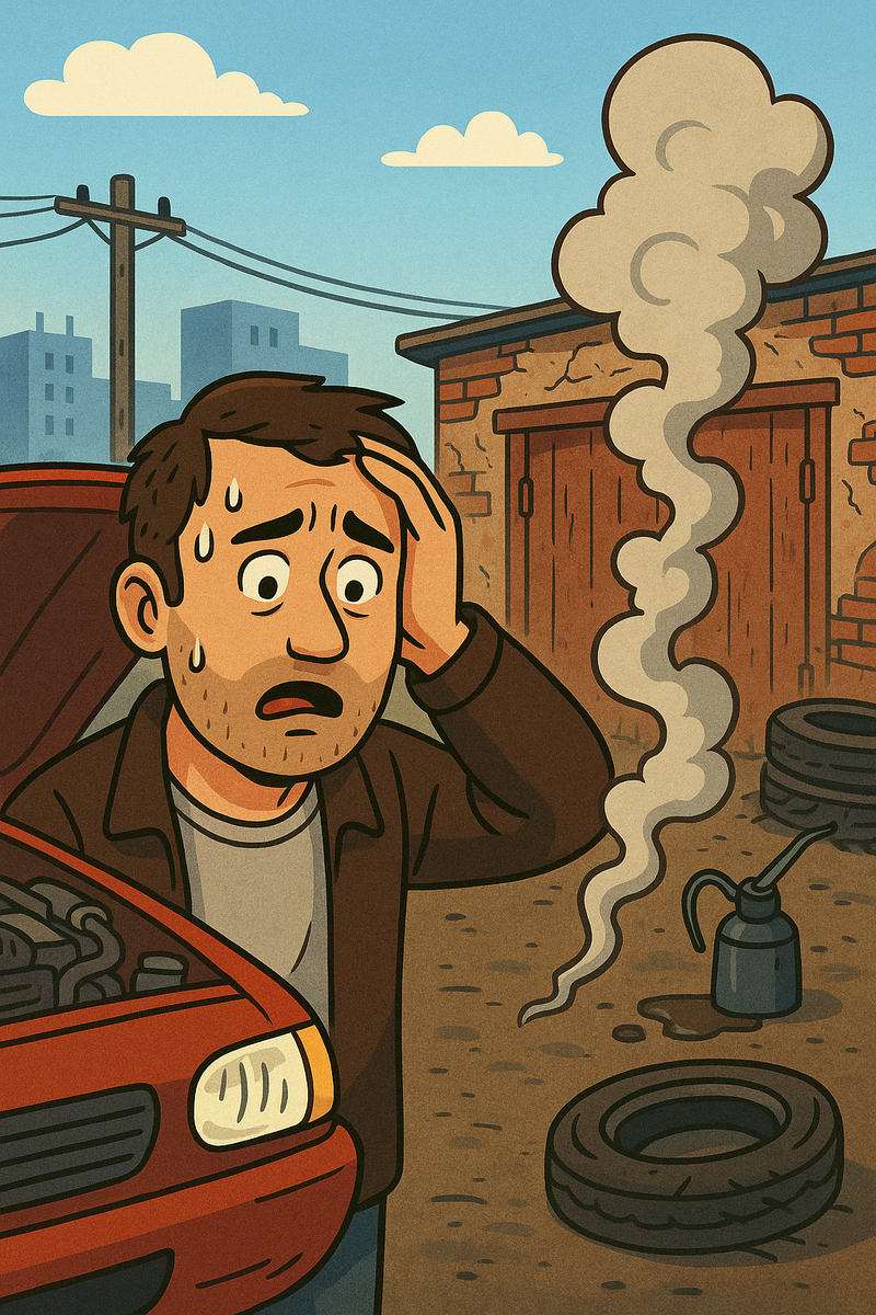 Машина едет, из-под капота капает масло. Возвращение на СТО, мастер показывает на сальник — тот подтекает. Грусть. 
📍Смысл: “Не заменили расходники — теперь двойная работа.”