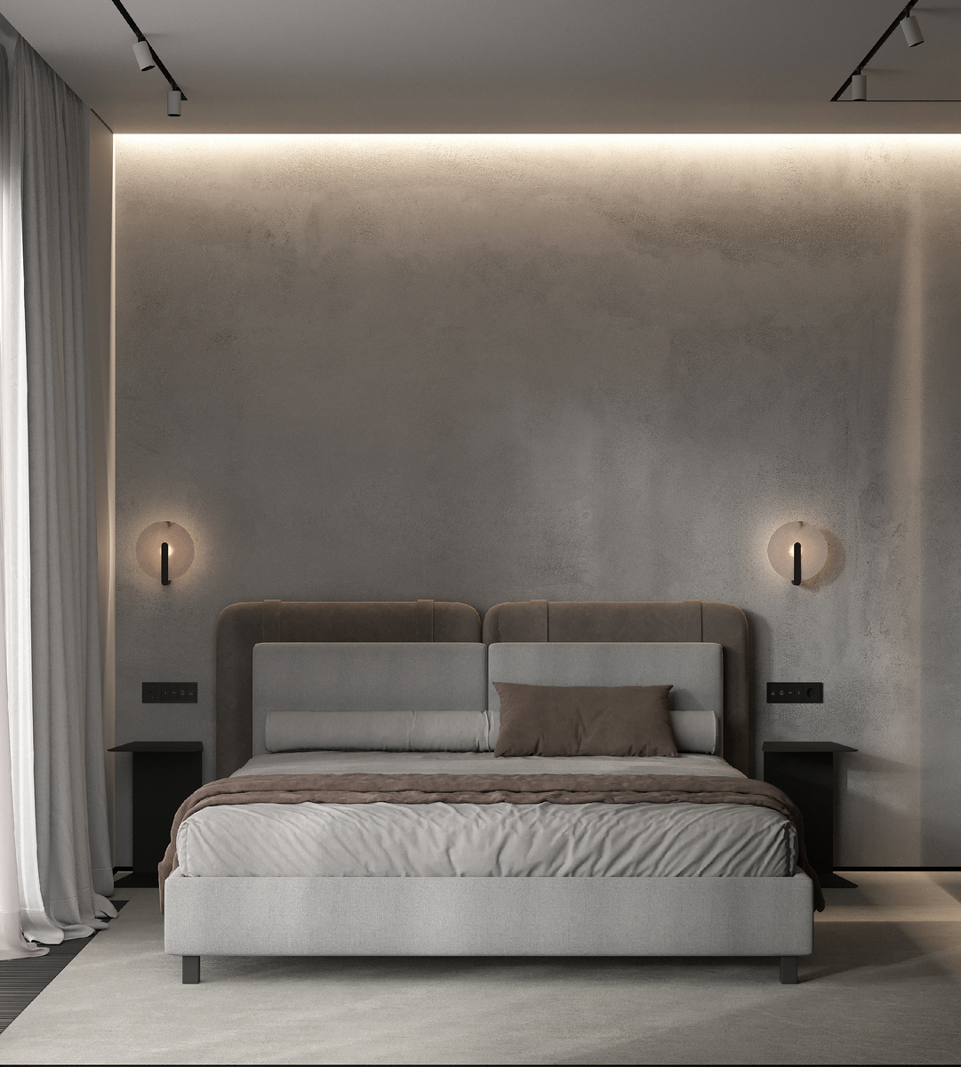 За изголовьем кровати - микроцемент, очень стильное, эффектное и брутальное покрытие 🔥
