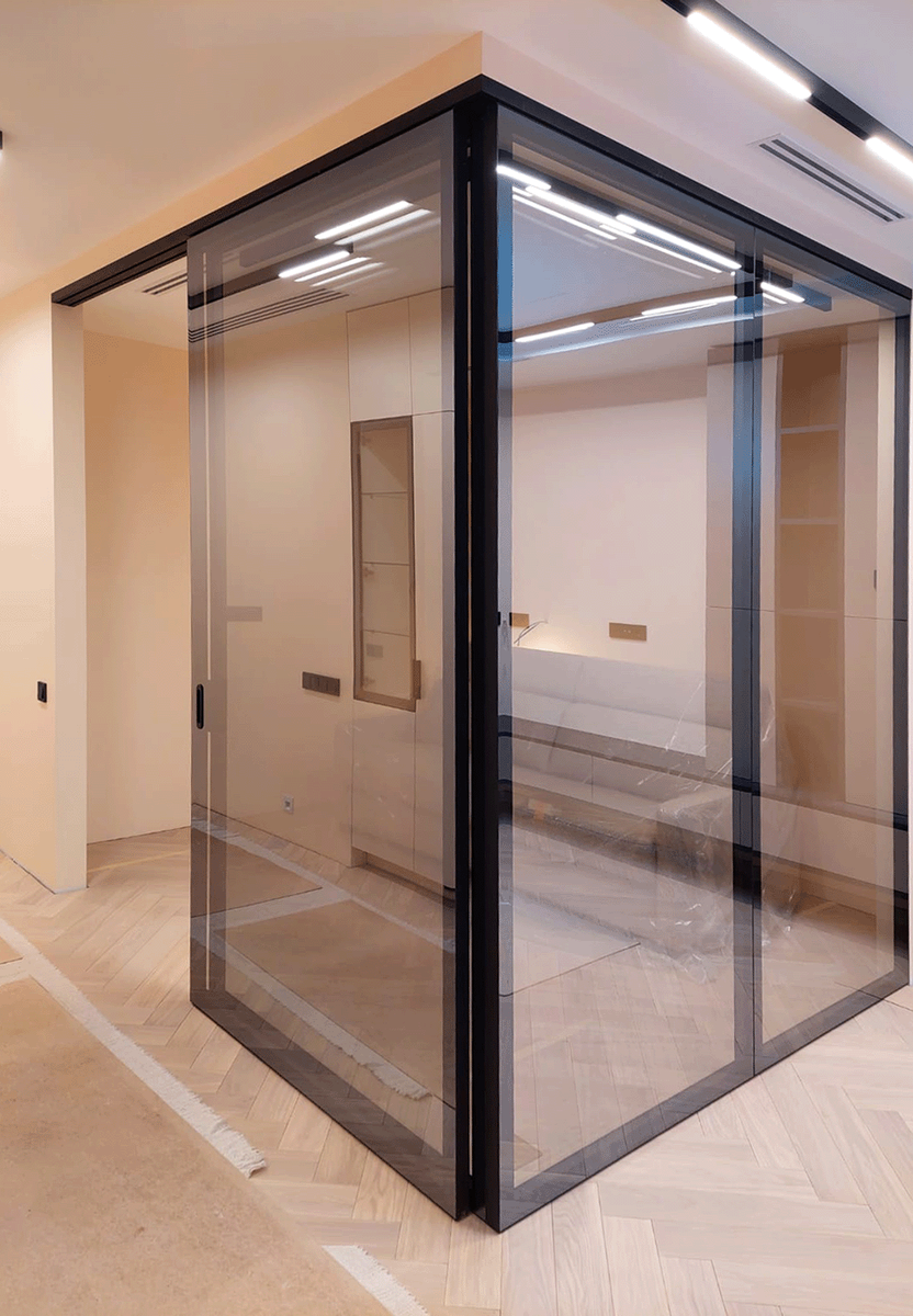 Стационарно-раздвижная перегородка алюминий - стекло DORIAN.RU