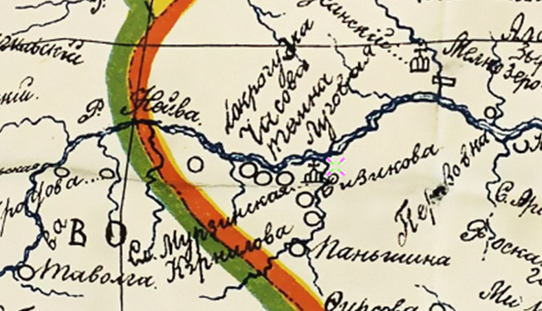 Фрагмент Карты Екатеринбургского ведомства и провинции Соли-Камской 1736 год.