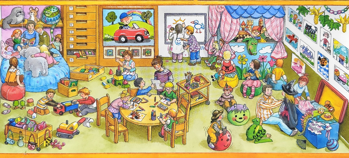Группа детского сада. Много детей, масса действий. Простор для составления предложений. 