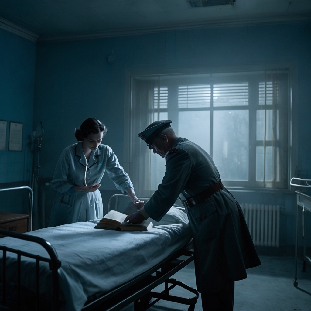 Иллюстрация больницы 1940-х годов с медсестрой, передающей книгу военному