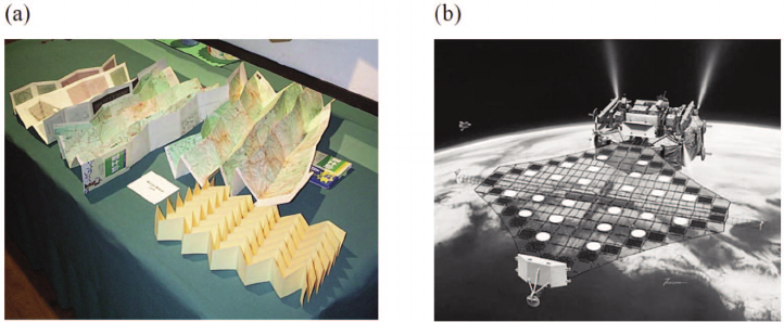 Сложенные на основе Миура-ори листы бумаги (a) и развернутые солнечные панели (b)