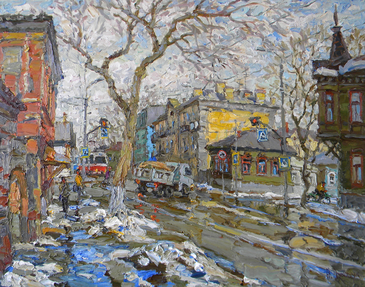 Николай Лукашук "Апрель, Улица Фрунзе" 2024 холст, масло 60х80