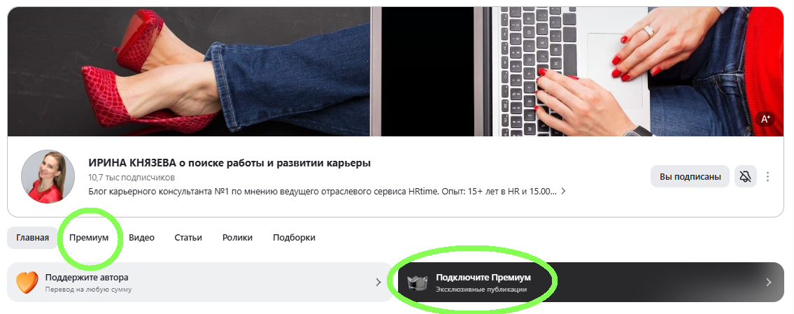 Зайдите в раздел "Премиум", расположенный под названием канала и нажмите на кнопку "Подключить". (Скриншот с десктопной версии).