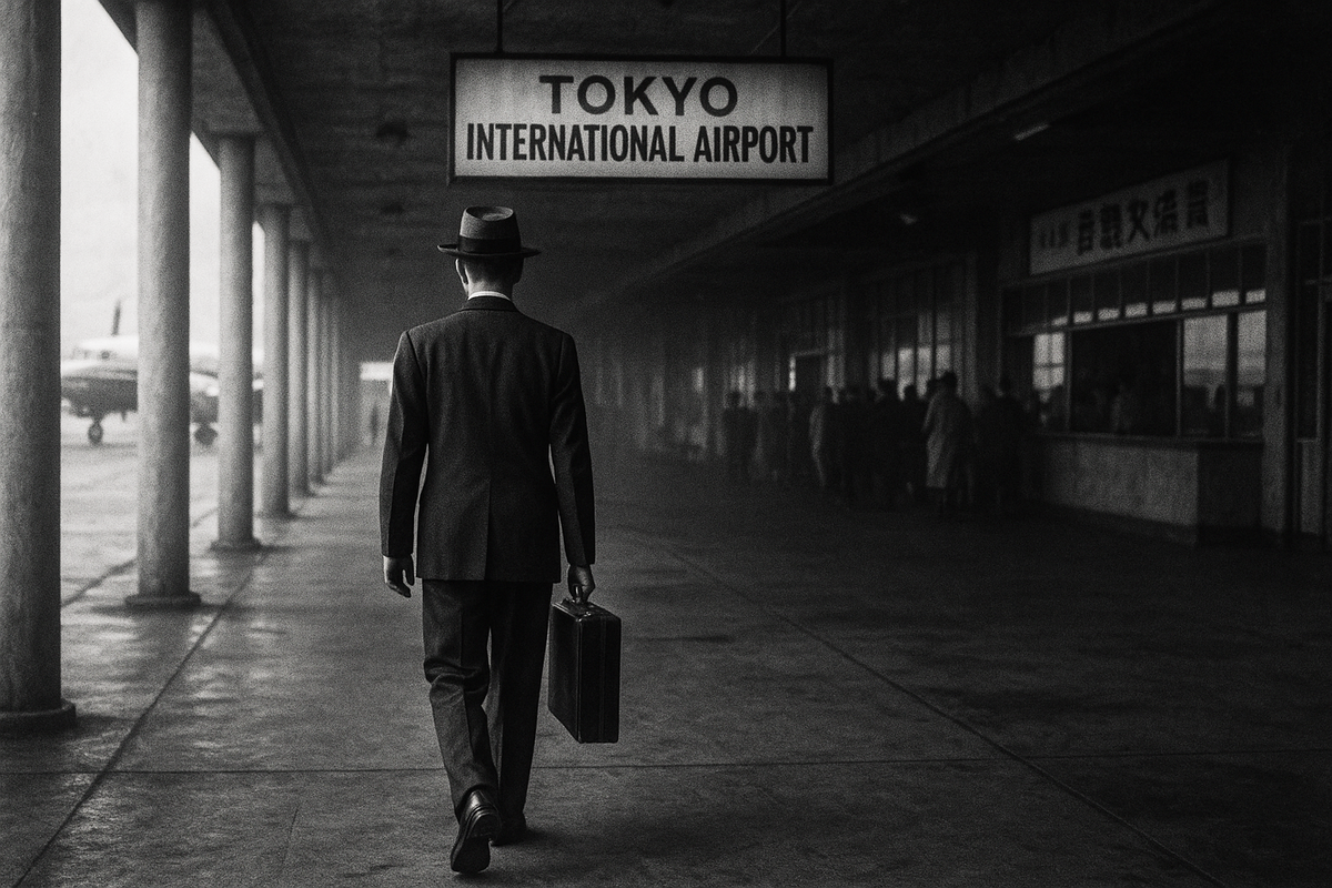 Июнь 1954 года. Мужчина из "Тауреда" проходит через контроль в аэропорту Ханэда.