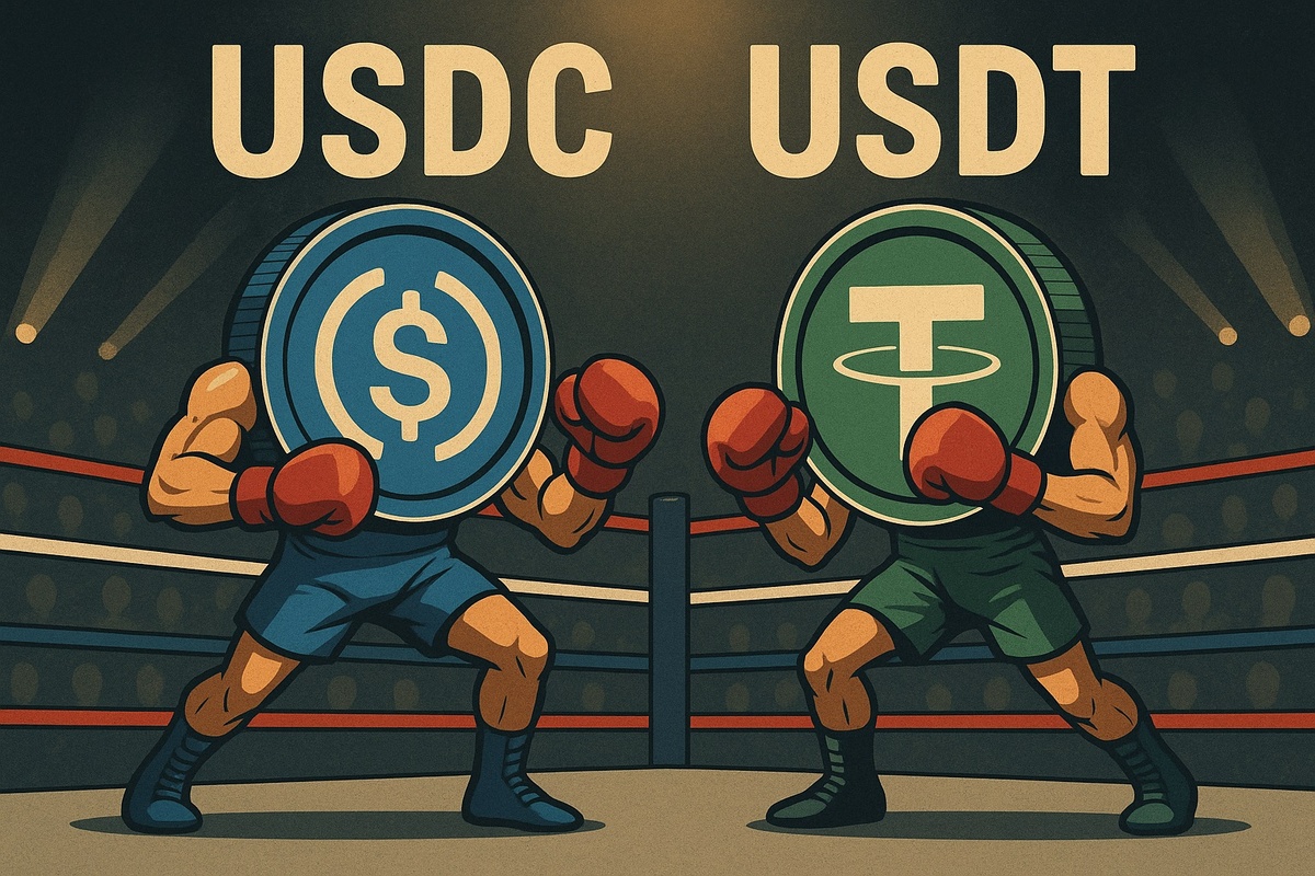 Иллюстрация: USDC и USDT в образе боксёров на ринге, символизирующая борьбу за лидерство среди стабильных монет.