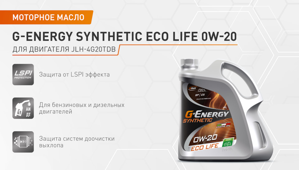 Моторное масло G-ENERGY SYNTHETIC ECO LIFE 0W-20 для Geely Tugella