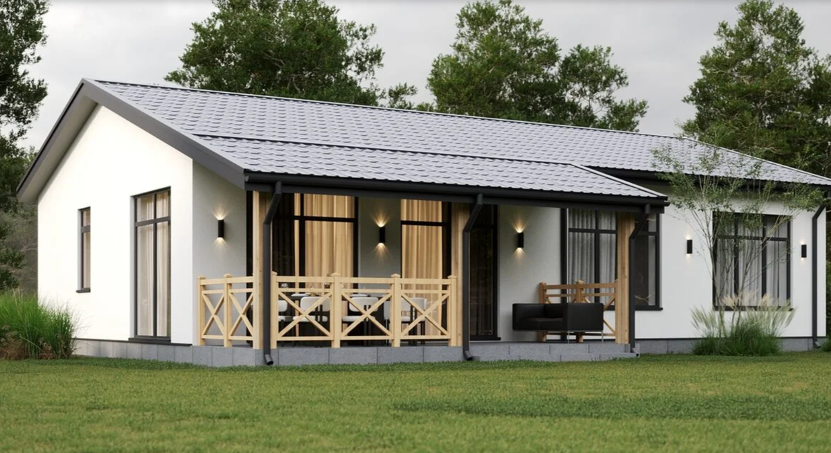 Одноэтажный дом "Оптима" общей площадью 129 кв.м с тремя вариантами отделки фасадов